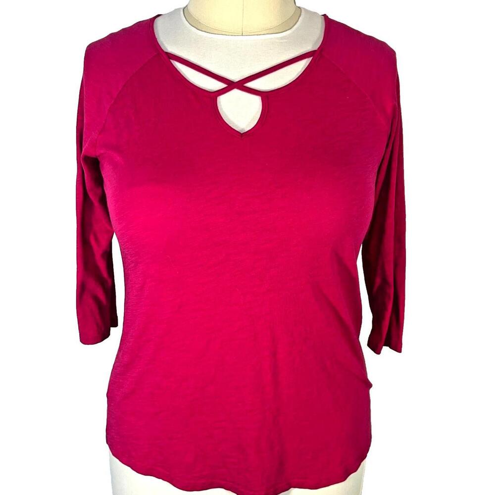 Eddie Bauer Long Sleeve Tee Shirt Womens L Cage Neck 3/4 Sleeve Scallop Hem NWOT